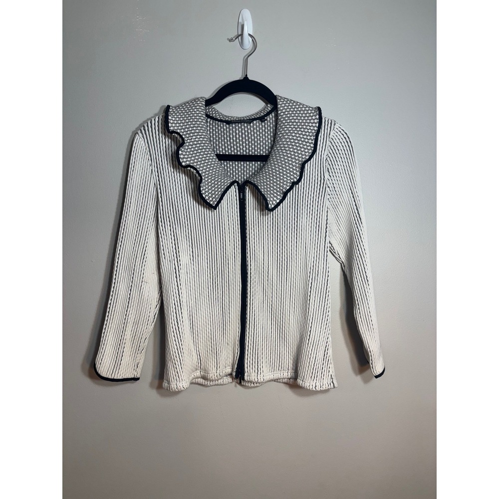 Samuel Dong White Black Textured Knit Ruffle Collar Zip Up Cardigan Jacket Large